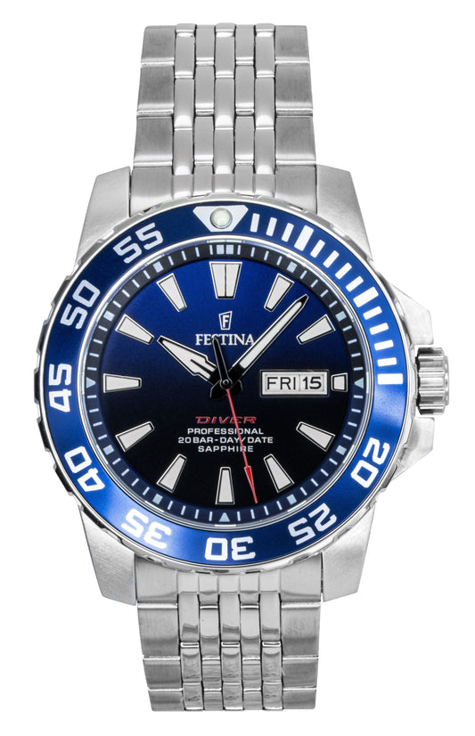 Festina Stainless Steel Blue Dial Quartz Diver's 200M. A brand-new Festina watch featuring a Blue dial and a Stainless steel strap. Angled view.