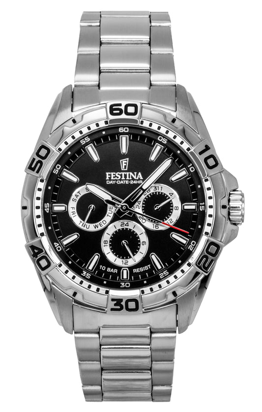 Festina Stainless Steel Multifunction Black Dial Quartz 100M. A brand-new Festina Multifunction watch featuring a Black dial and a Stainless steel strap. Side view.