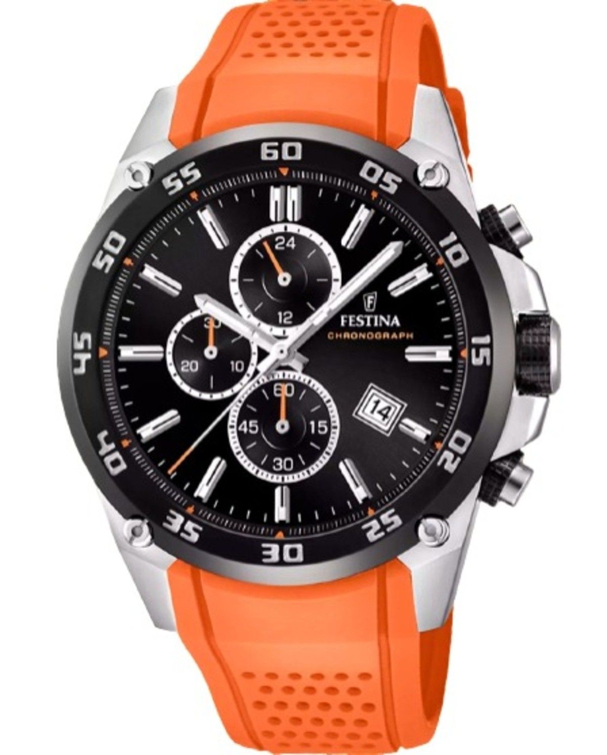 Festina The Originals Chronograph Orange Rubber Strap Black. A brand-new Festina Chronograph watch featuring a Black dial and a Rubber strap. Angled view.