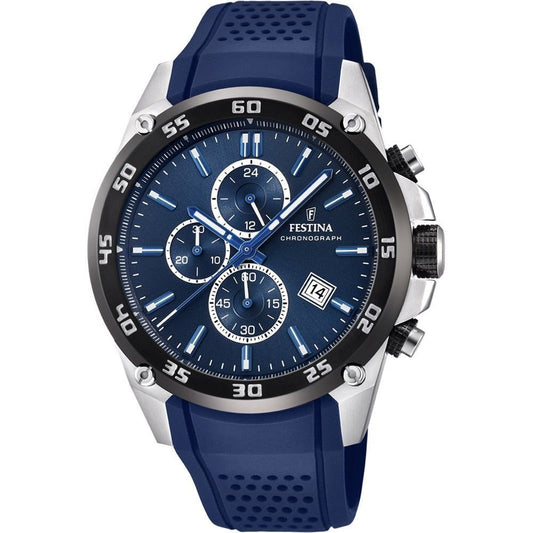 Festina The Originals Chronograph Rubber Strap Blue Dial. A brand-new Festina Chronograph watch featuring a Blue dial and a Rubber strap. Front view.