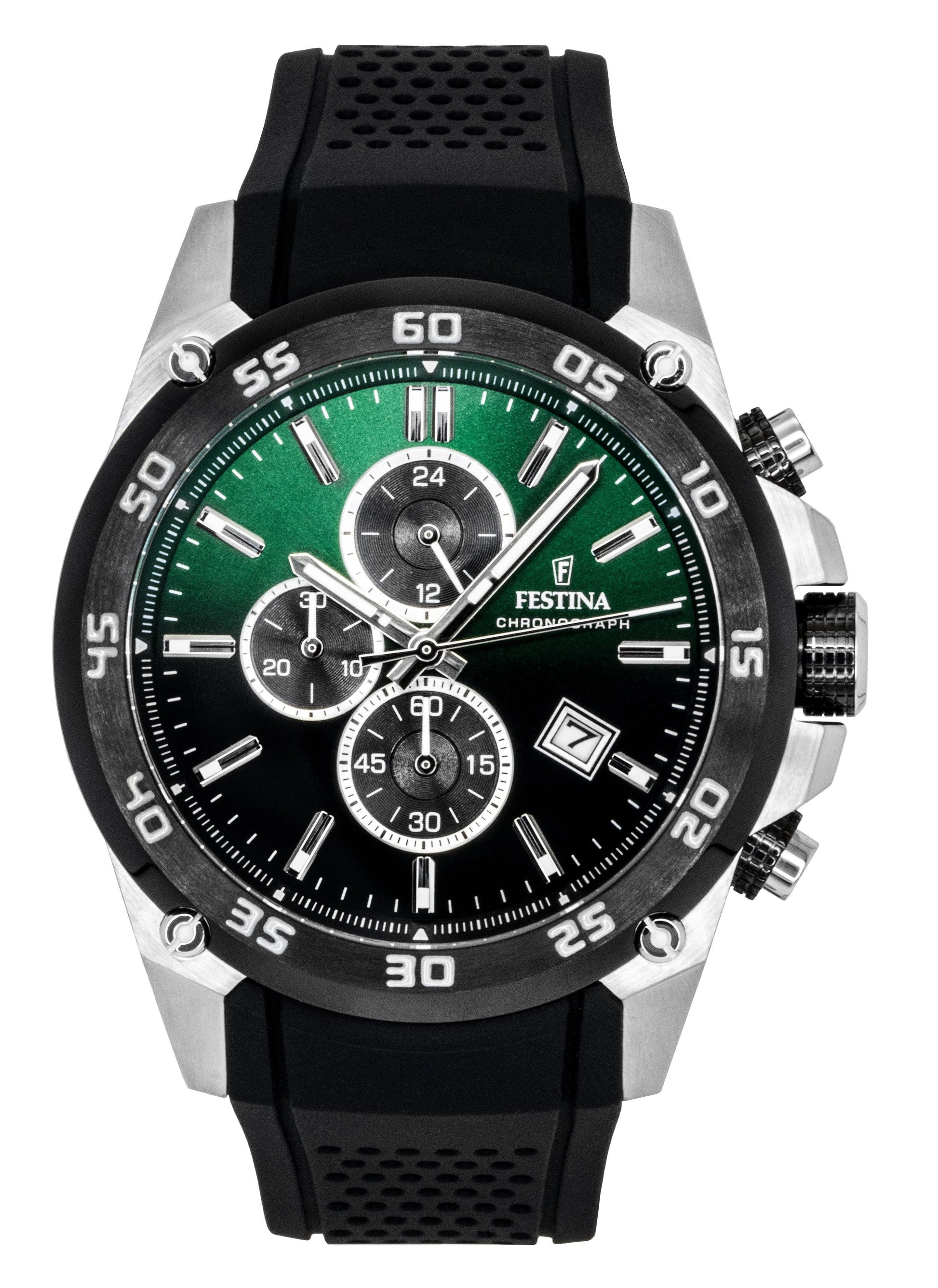 Festina The Originals Chronograph Rubber Strap Green Dial. A brand-new Festina Chronograph watch featuring a Green dial and a Rubber strap. Side view.