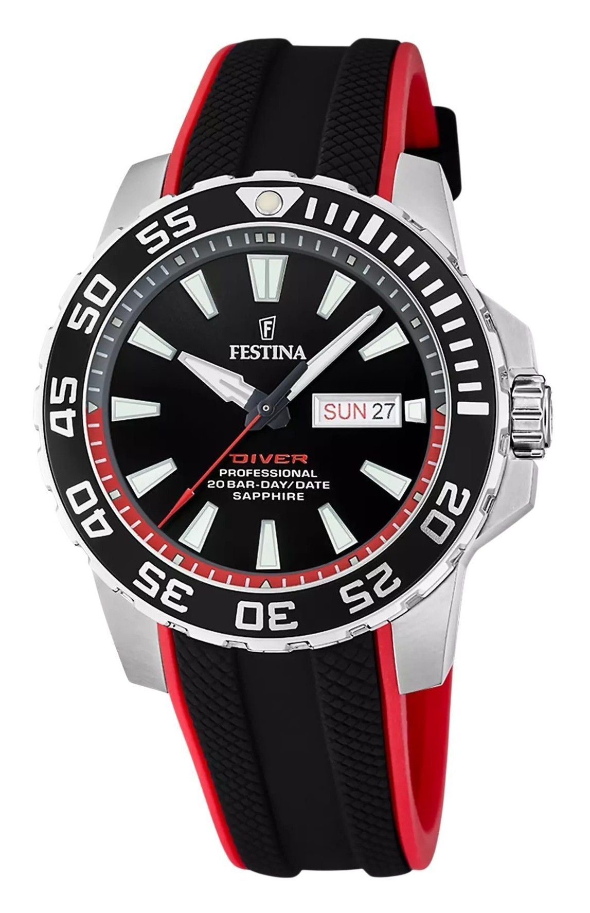 Festina The Originals Rubber Strap Black Dial Quartz. A brand-new Festina The Originals watch featuring a Black dial and a Rubber strap. Angled view.