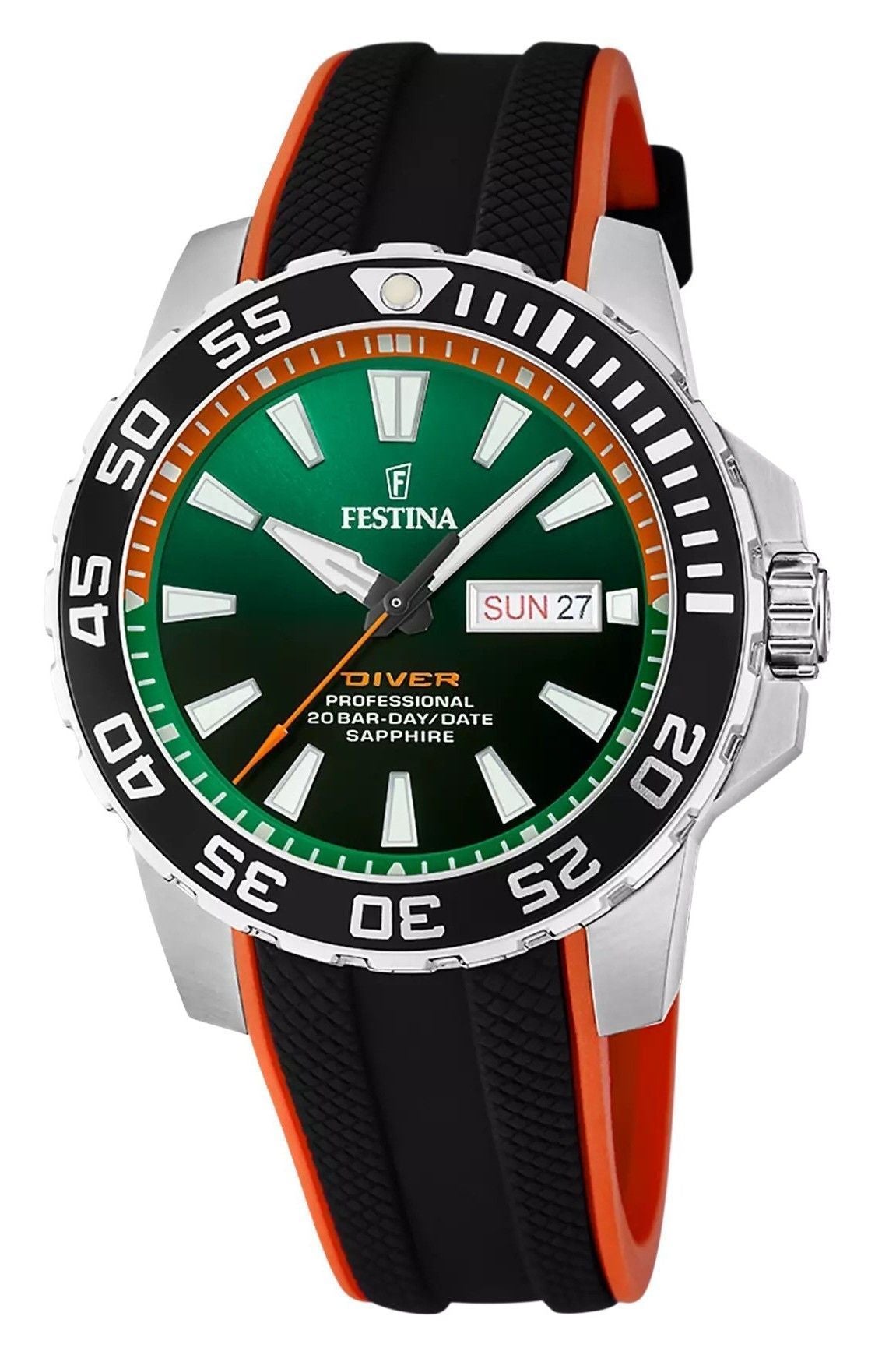 Festina The Originals Rubber Strap Green Dial Quartz. A brand-new Festina The Originals watch featuring a Green dial and a Rubber strap. Front view.