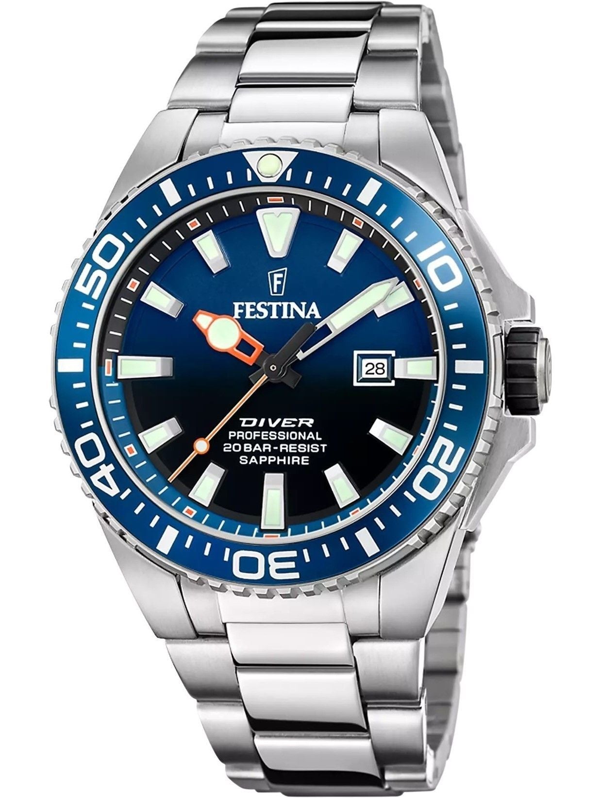 Festina The Originals Stainless Steel Blue Dial Quartz. A brand-new Festina The Originals watch featuring a Blue dial and a Stainless steel strap. Angled view.