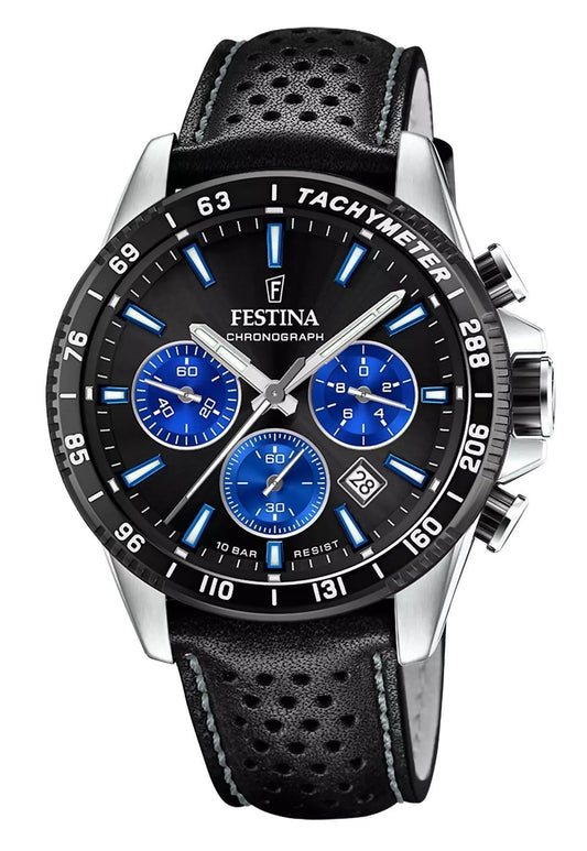 Festina Timeless Chronograph Leather Strap Black Dial. A brand-new Festina Chronograph watch featuring a Black dial and a Leather strap. Side view.