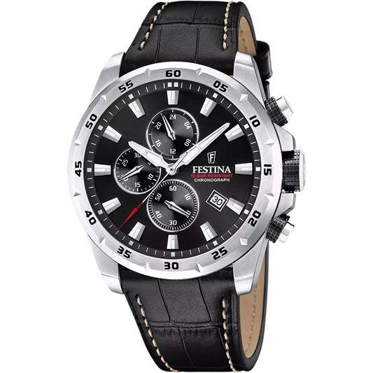 Festina Timeless Chronograph Leather Strap Black Dial. A brand-new Festina Chronograph watch featuring a Black dial and a Leather strap. Side view.