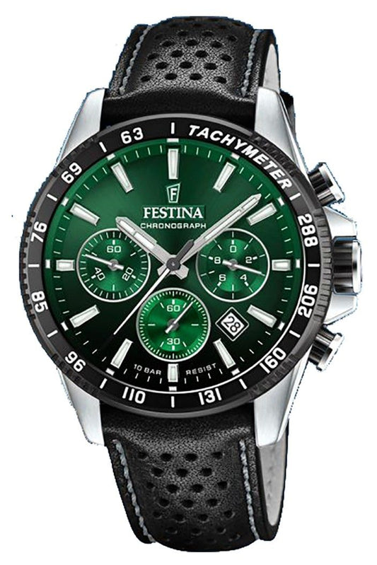 Festina Timeless Chronograph Leather Strap Green Dial. A brand-new Festina Chronograph watch featuring a Green dial and a Leather strap. Side view.