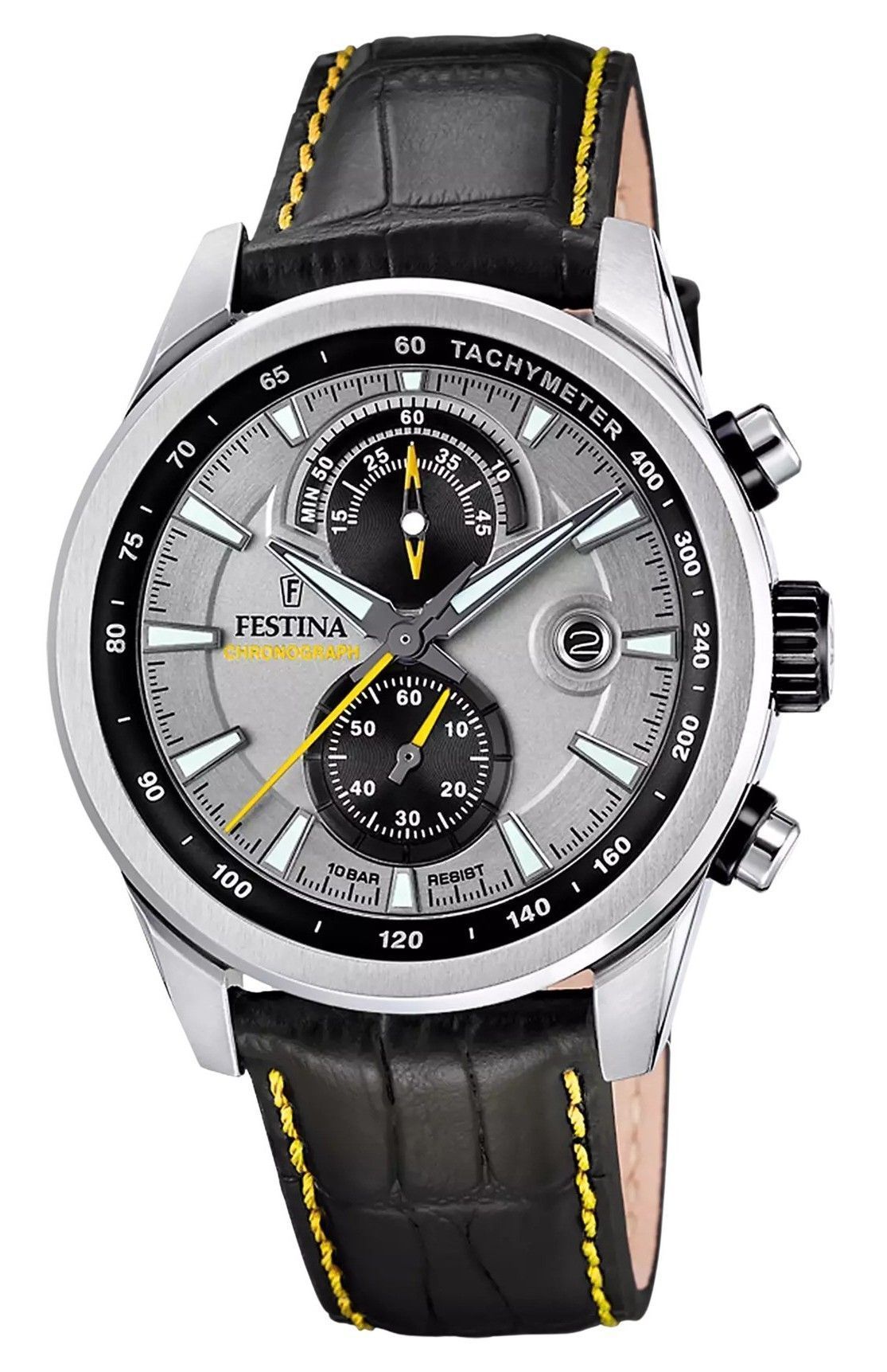 Festina Timeless Chronograph Leather Strap Grey Dial Quartz. A brand-new Festina Chronograph watch featuring a Grey dial and a Leather strap. Front view.