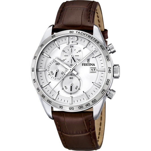 Festina Timeless Chronograph Leather Strap Silver Dial. A brand-new Festina Chronograph watch featuring a Silver dial and a Leather strap. Side view.
