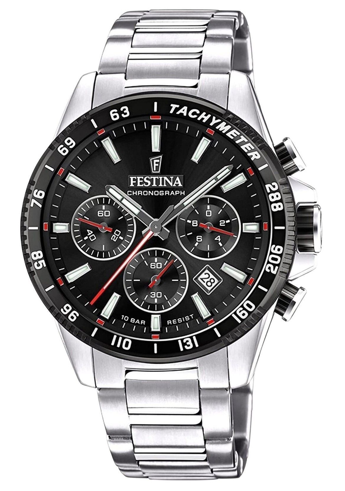 Festina Timeless Chronograph Stainless Steel Black Dial. A brand-new Festina Chronograph watch featuring a Black dial and a Stainless steel strap. Angled view.
