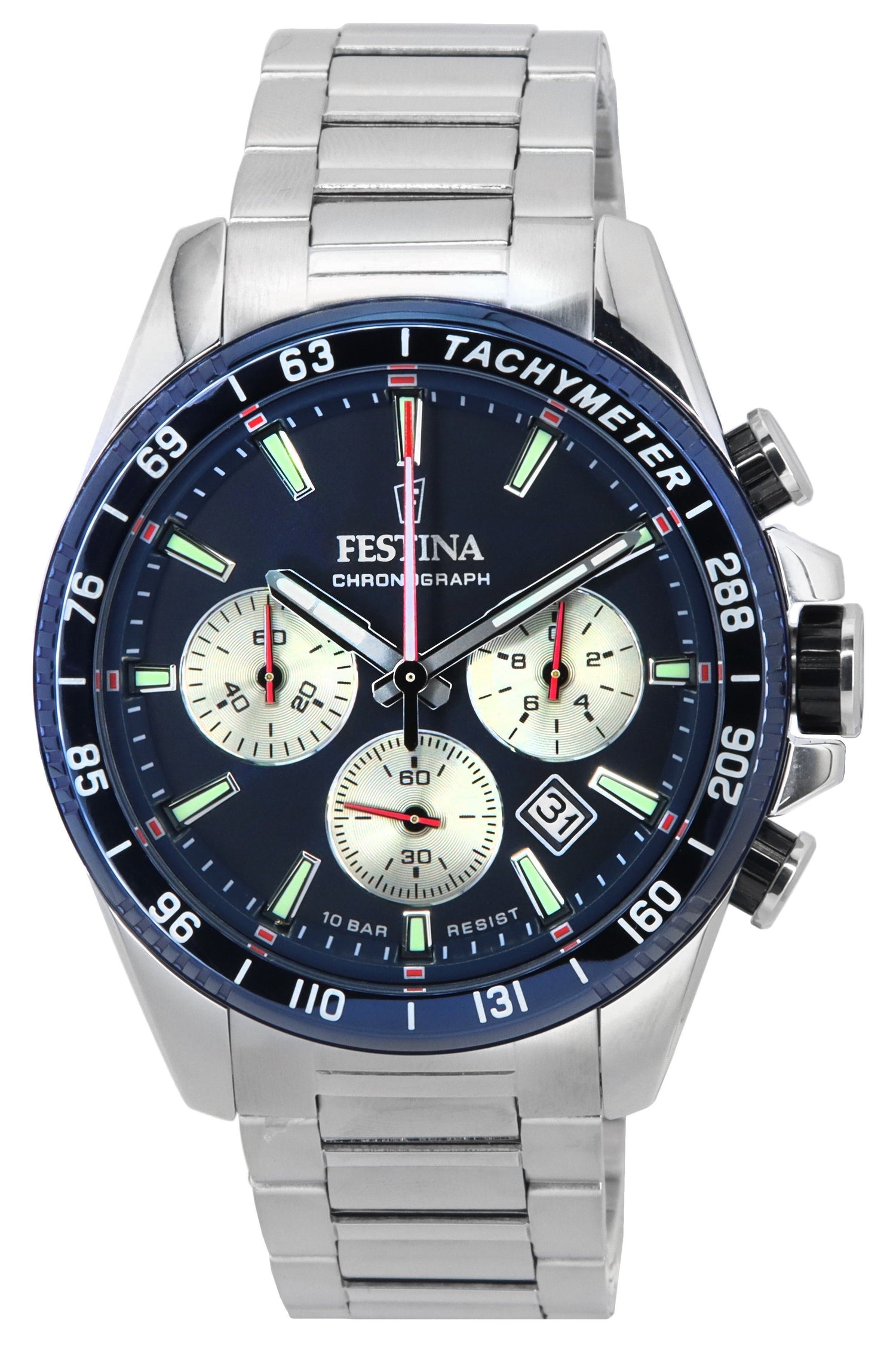Festina Timeless Chronograph Stainless Steel Blue Dial. A brand-new Festina Chronograph watch featuring a Blue dial and a Stainless steel strap. Front view.