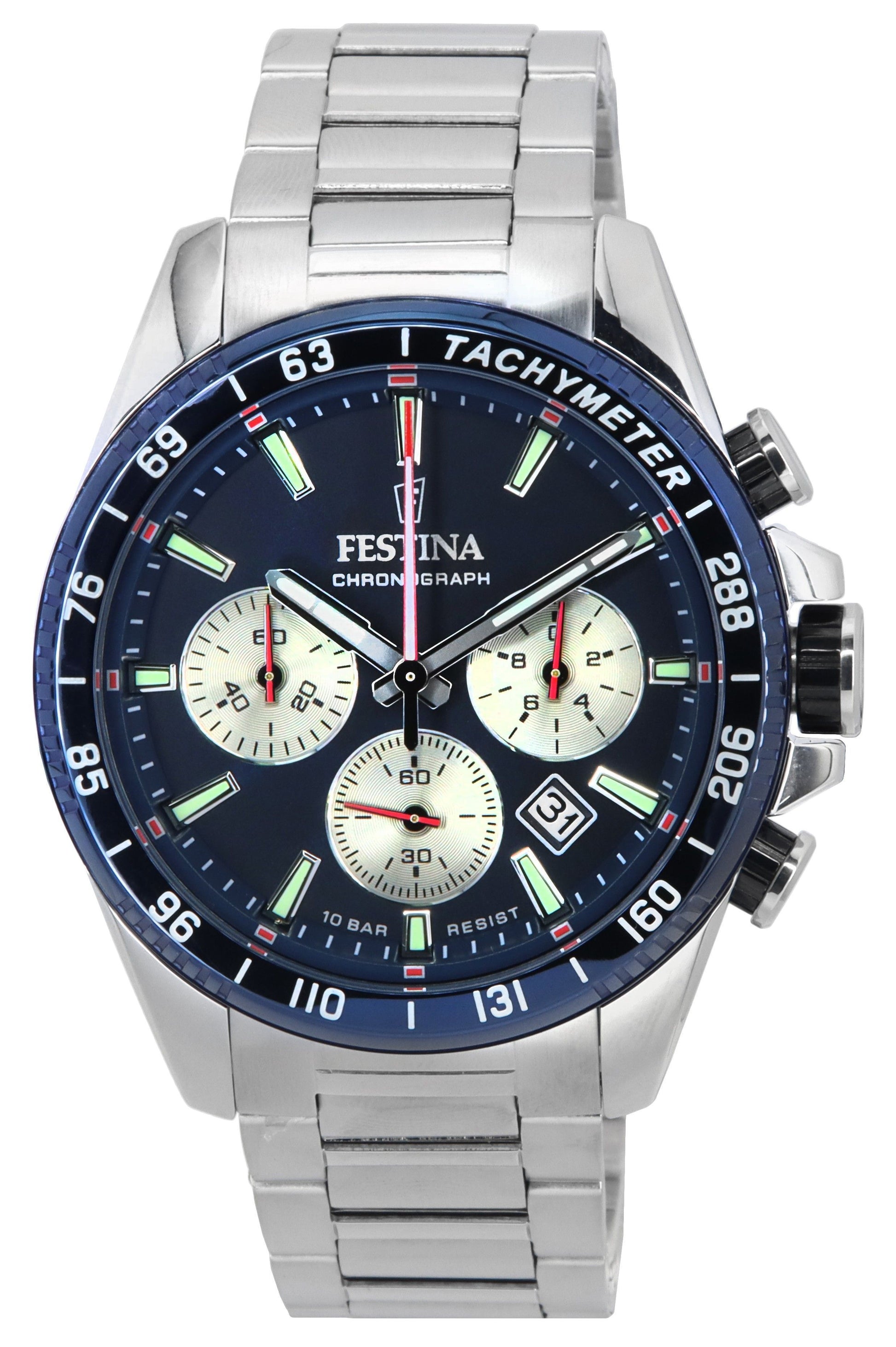 Festina Timeless Chronograph Stainless Steel Blue Dial. A brand-new Festina Chronograph watch featuring a Blue dial and a Stainless steel strap. Front view.