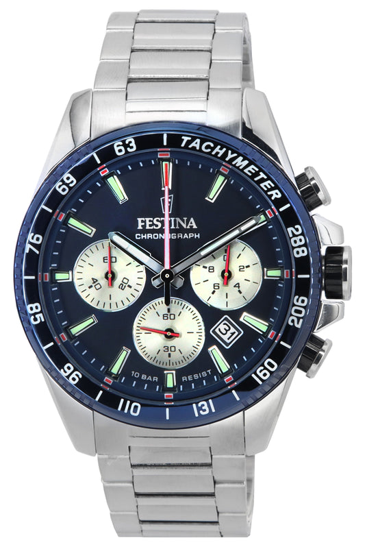 Festina Timeless Chronograph Stainless Steel Blue Dial. A brand-new Festina Chronograph watch featuring a Blue dial and a Stainless steel strap. Front view.