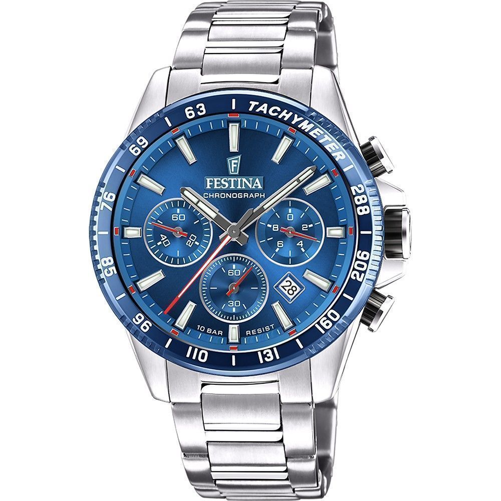 Festina Timeless Chronograph Stainless Steel Blue Dial. A brand-new Festina Chronograph watch featuring a Blue dial and a Stainless steel strap. Side view.