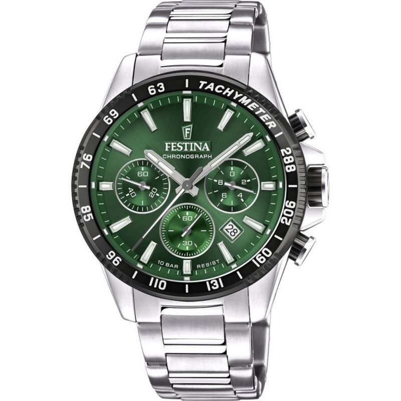 Festina Timeless Chronograph Stainless Steel Green Dial. A brand-new Festina Chronograph watch featuring a Green dial and a Stainless steel strap. Front view.