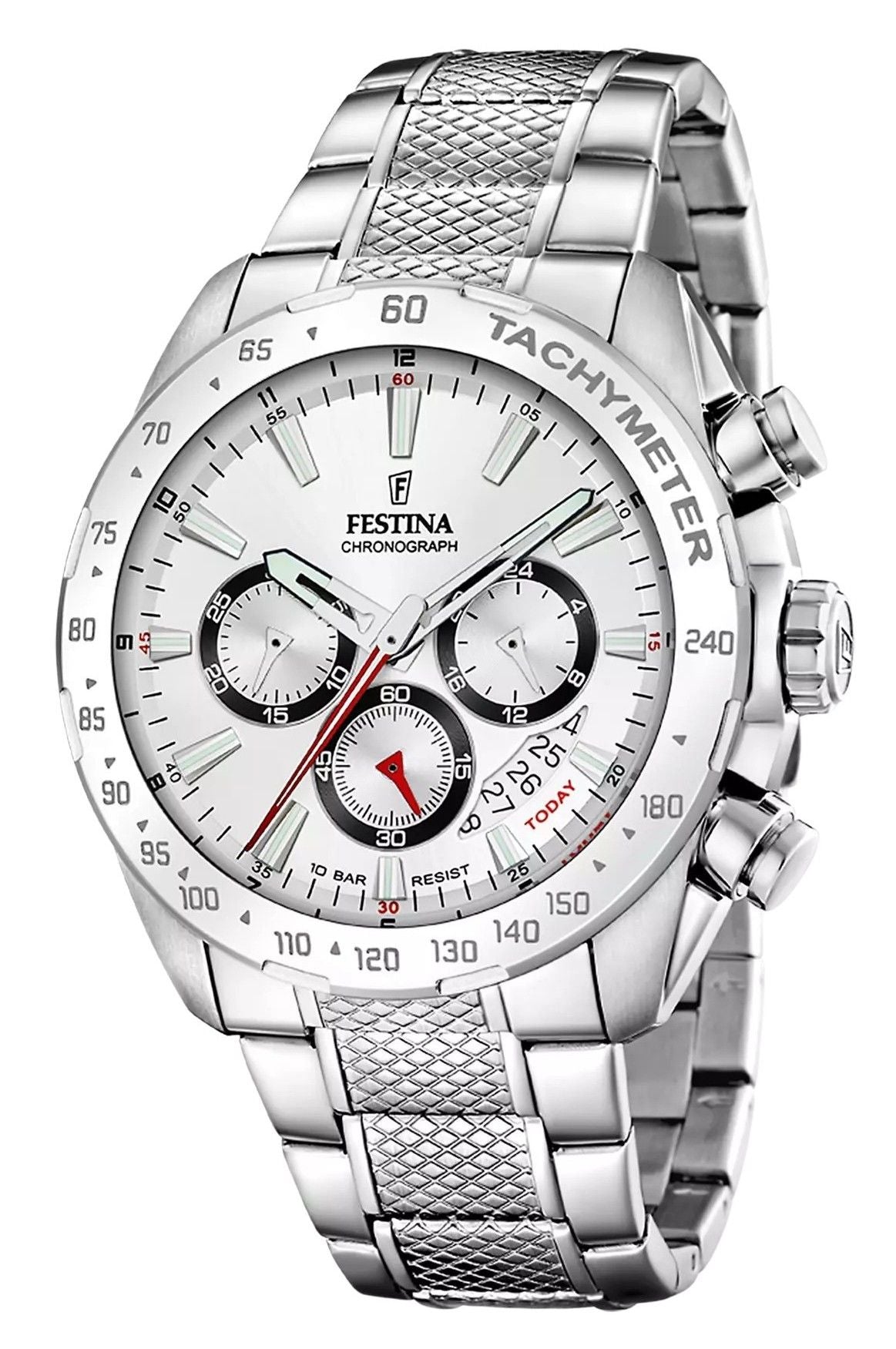 Festina Timeless Chronograph Stainless Steel White Dial. A brand-new Festina Chronograph watch featuring a White dial and a Stainless steel strap. Angled view.