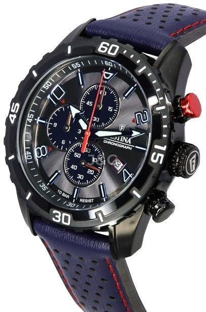 Festina Chronograph Date display Black Leather Male F20519-3. A brand-new Festina Chronograph watch featuring a Black dial and a Leather strap. Angled view. - view 3