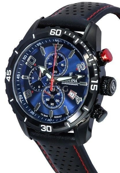 Festina Chronograph Date display Blue Leather Male F20519-2. A brand-new Festina Chronograph watch featuring a Blue dial and a Leather strap. Angled view. - view 3