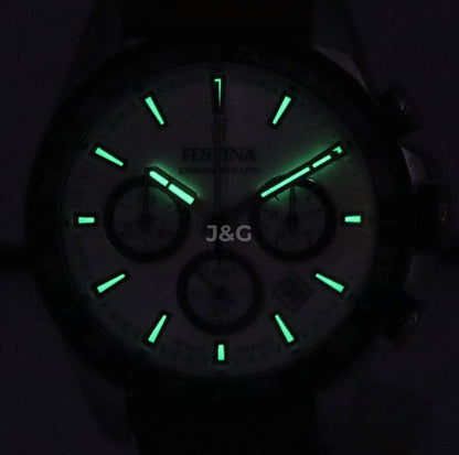 Festina Chronograph Date display White Leather Male F20561-1. A brand-new Festina Chronograph watch featuring a White dial and a Leather strap. Side view. - view 2