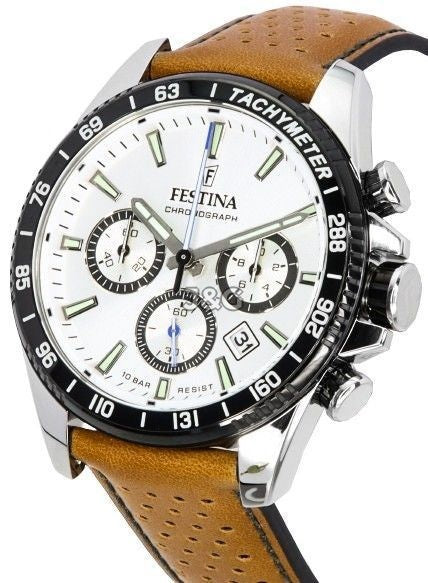 Festina Chronograph Date display White Leather Male F20561-1. A brand-new Festina Chronograph watch featuring a White dial and a Leather strap. Side view. - view 3