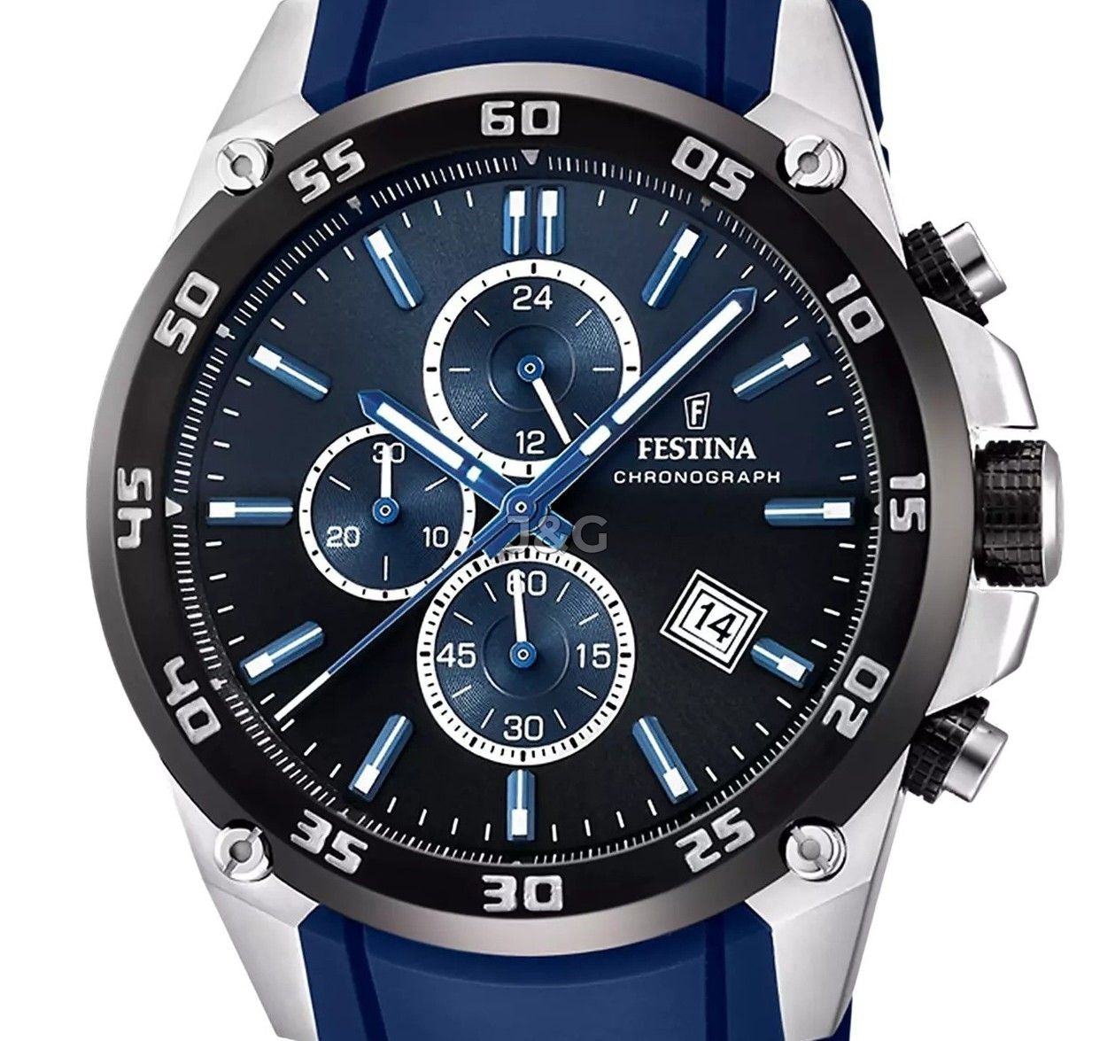 Festina Chronograph Quartz movement Blue Rubber Male F20330-A. A brand-new Festina Chronograph watch featuring a Blue dial and a Rubber strap. Front view. - view 2