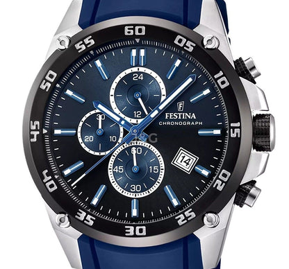 Festina Chronograph Quartz movement Blue Rubber Male F20330-A. A brand-new Festina Chronograph watch featuring a Blue dial and a Rubber strap. Front view. - view 2