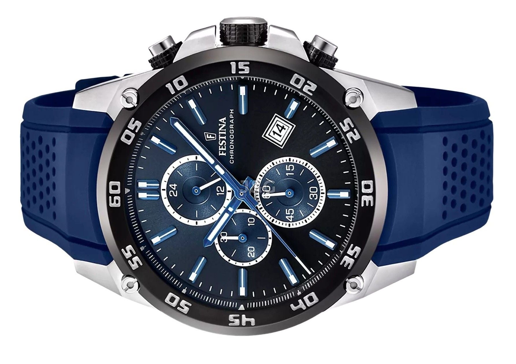 Festina Chronograph Quartz movement Blue Rubber Male F20330-A. A brand-new Festina Chronograph watch featuring a Blue dial and a Rubber strap. Front view. - view 3