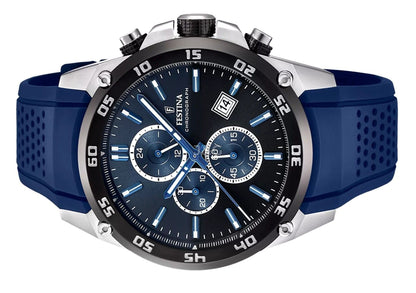 Festina Chronograph Quartz movement Blue Rubber Male F20330-A. A brand-new Festina Chronograph watch featuring a Blue dial and a Rubber strap. Front view. - view 3