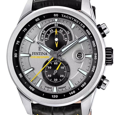 Festina Chronograph Quartz movement Grey Leather Male F20695-4. A brand-new Festina Chronograph watch featuring a Grey dial and a Leather strap. Side view. - view 2