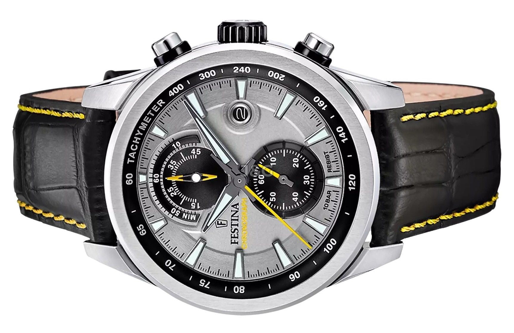 Festina Chronograph Quartz movement Grey Leather Male F20695-4. A brand-new Festina Chronograph watch featuring a Grey dial and a Leather strap. Side view. - view 3