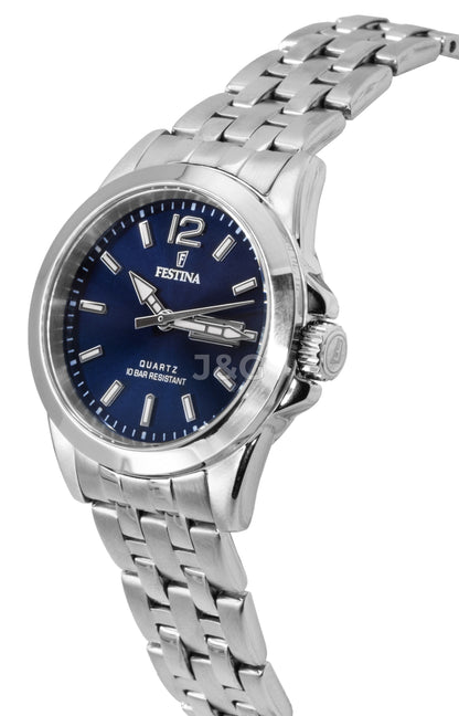Festina Classic Quartz movement Blue Stainless steel Female F20455-3. A brand-new Festina Classic watch featuring a Blue dial and a Stainless steel strap. Side view. - view 3