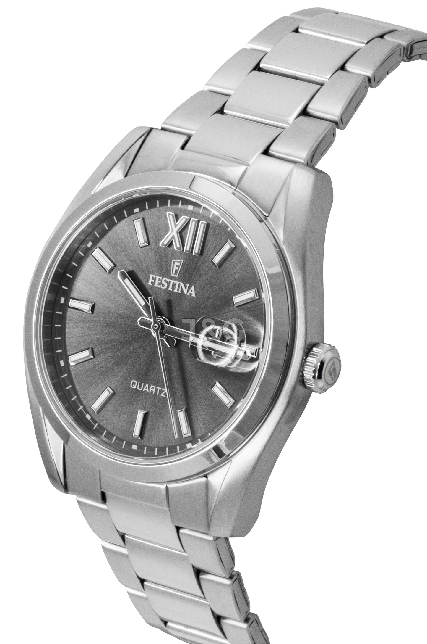 Festina Classic Quartz movement Grey Stainless steel Male F20707-3. A brand-new Festina Classic watch featuring a Grey dial and a Stainless steel strap. Angled view. - view 3