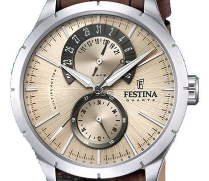 Festina Multifunction Date display Beige Leather Male F16573-9. A brand-new Festina Multifunction watch featuring a Beige dial and a Leather strap. Side view. - view 2