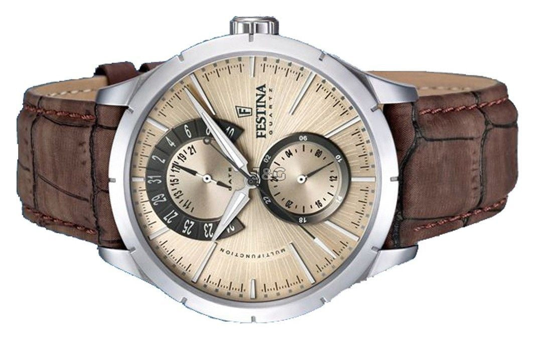 Festina Multifunction Date display Beige Leather Male F16573-9. A brand-new Festina Multifunction watch featuring a Beige dial and a Leather strap. Side view. - view 3