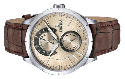 Festina Multifunction Date display Beige Leather Male F16573-9. A brand-new Festina Multifunction watch featuring a Beige dial and a Leather strap. Side view. - view 3