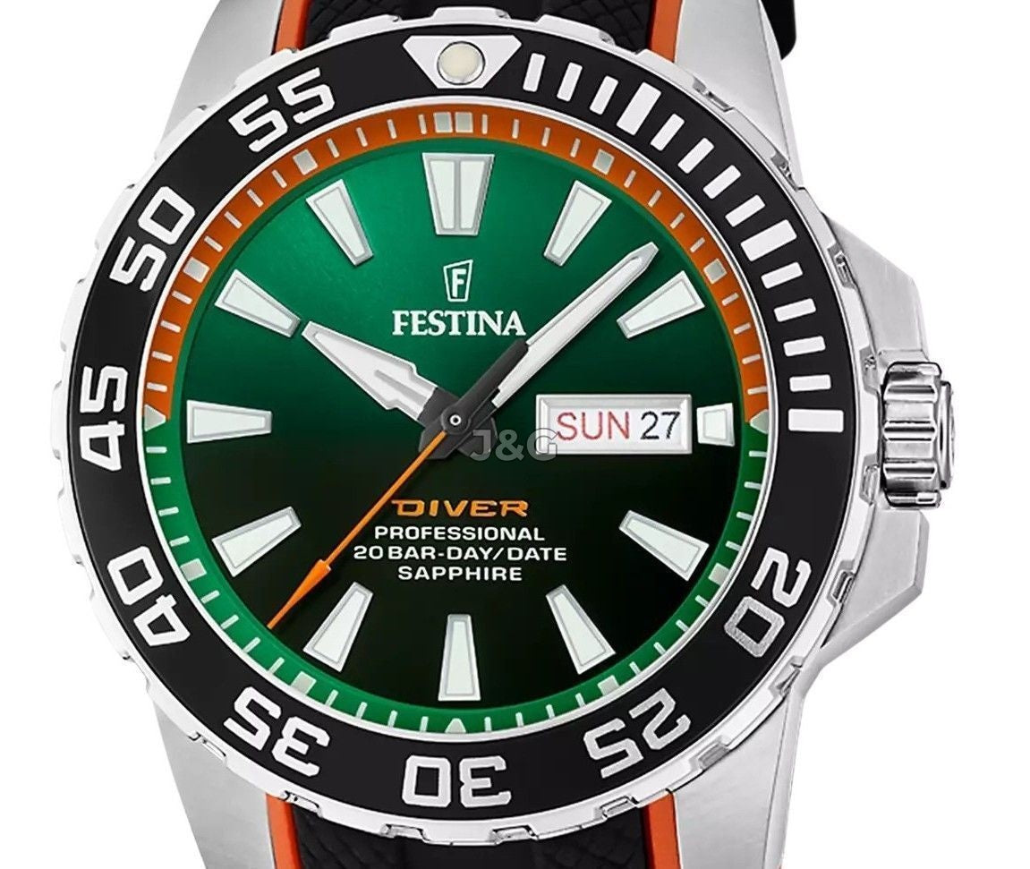 Festina The Originals Quartz movement Green Rubber Male F20662-2. A brand-new Festina The Originals watch featuring a Green dial and a Rubber strap. Front view. - view 2