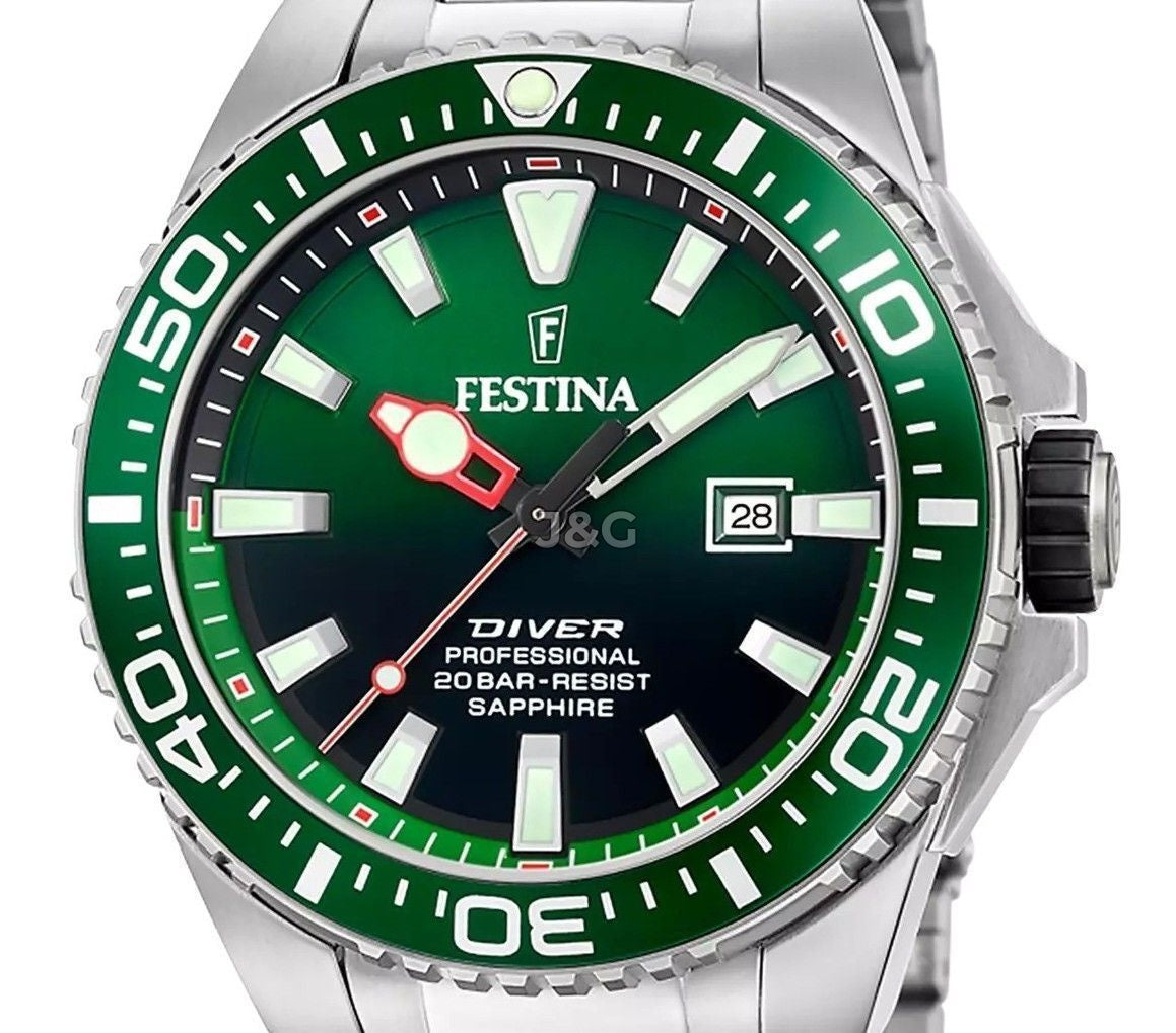 Festina The Originals Quartz movement Green Stainless steel Male F20663-2. A brand-new Festina The Originals watch featuring a Green dial and a Stainless steel strap. Side view. - view 2