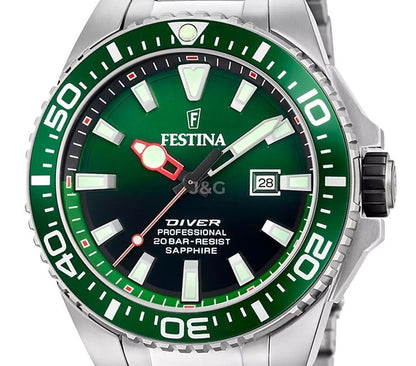 Festina The Originals Quartz movement Green Stainless steel Male F20663-2. A brand-new Festina The Originals watch featuring a Green dial and a Stainless steel strap. Side view. - view 2