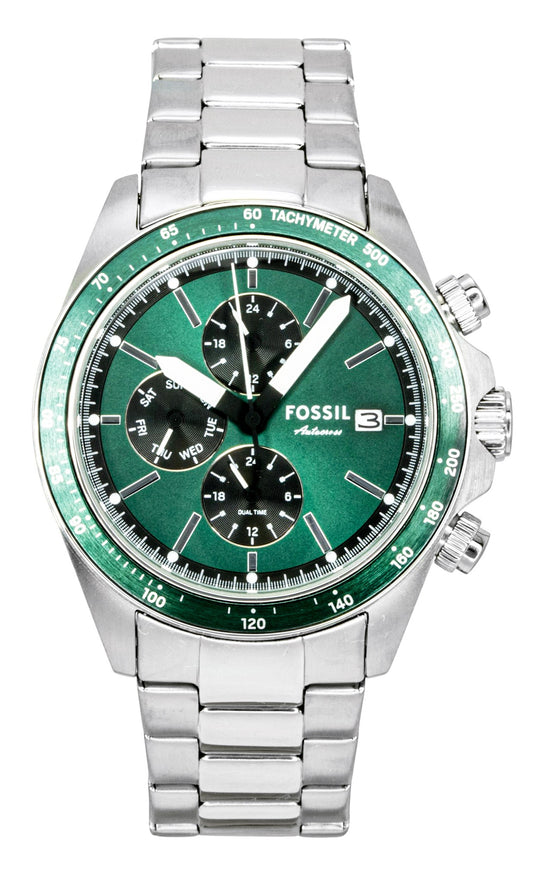 Fossil Autocross Multifunction Stainless Steel Green Dial. A brand-new Fossil watch featuring a Green dial and a Stainless steel strap. Front view.