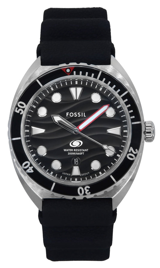 Fossil Breaker Silicone Strap Black Dial Quartz Diver's 200M. A brand-new Fossil watch featuring a Black dial and a Silicone strap. Side view.