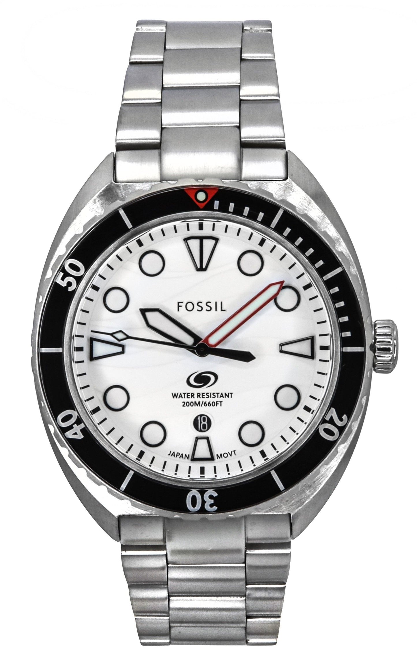 Fossil Breaker Stainless Steel White Dial Quartz Diver's. A brand-new Fossil watch featuring a White dial and a Stainless steel strap. Angled view.
