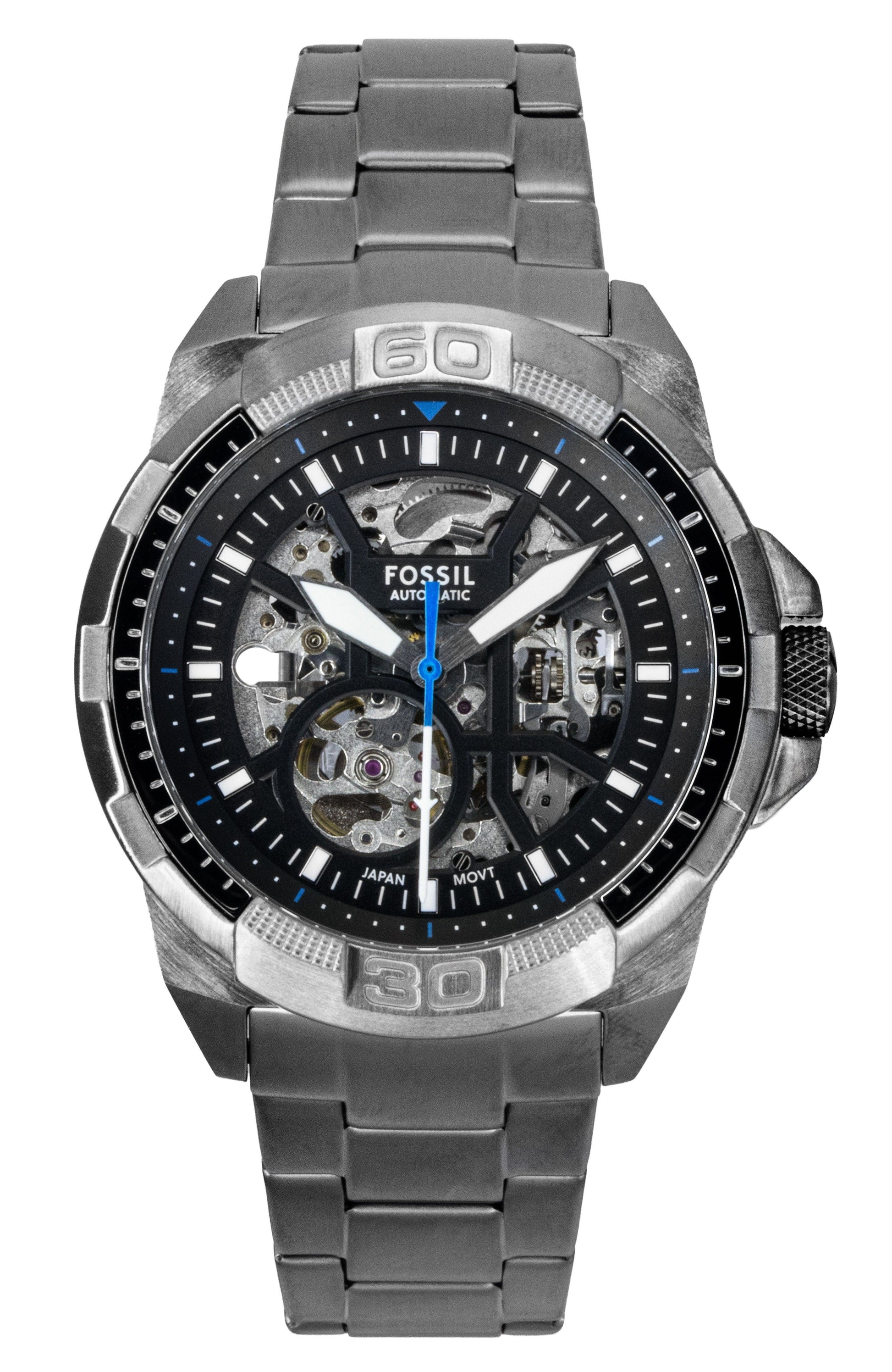 Fossil Bronson Stainless Steel Black Skeleton Dial Automatic. A brand-new Fossil Bronson watch featuring a Black Skeleton dial and a Leather strap. Angled view.