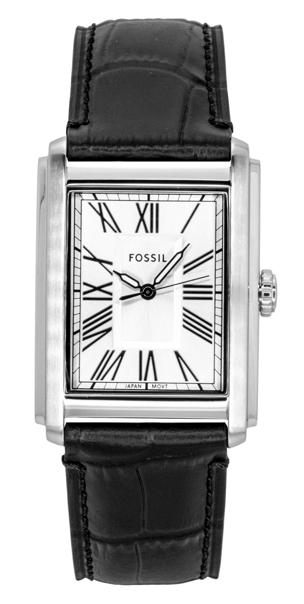 Fossil Carraway Leather Strap Silver Dial Quartz. A brand-new Fossil Carraway watch featuring a Silver dial and a Leather strap. Side view.