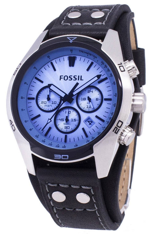 Fossil Coachman Chronograph Black Leather Water Resistant. A brand-new Fossil Coachman watch featuring a Leather strap. Angled view.
