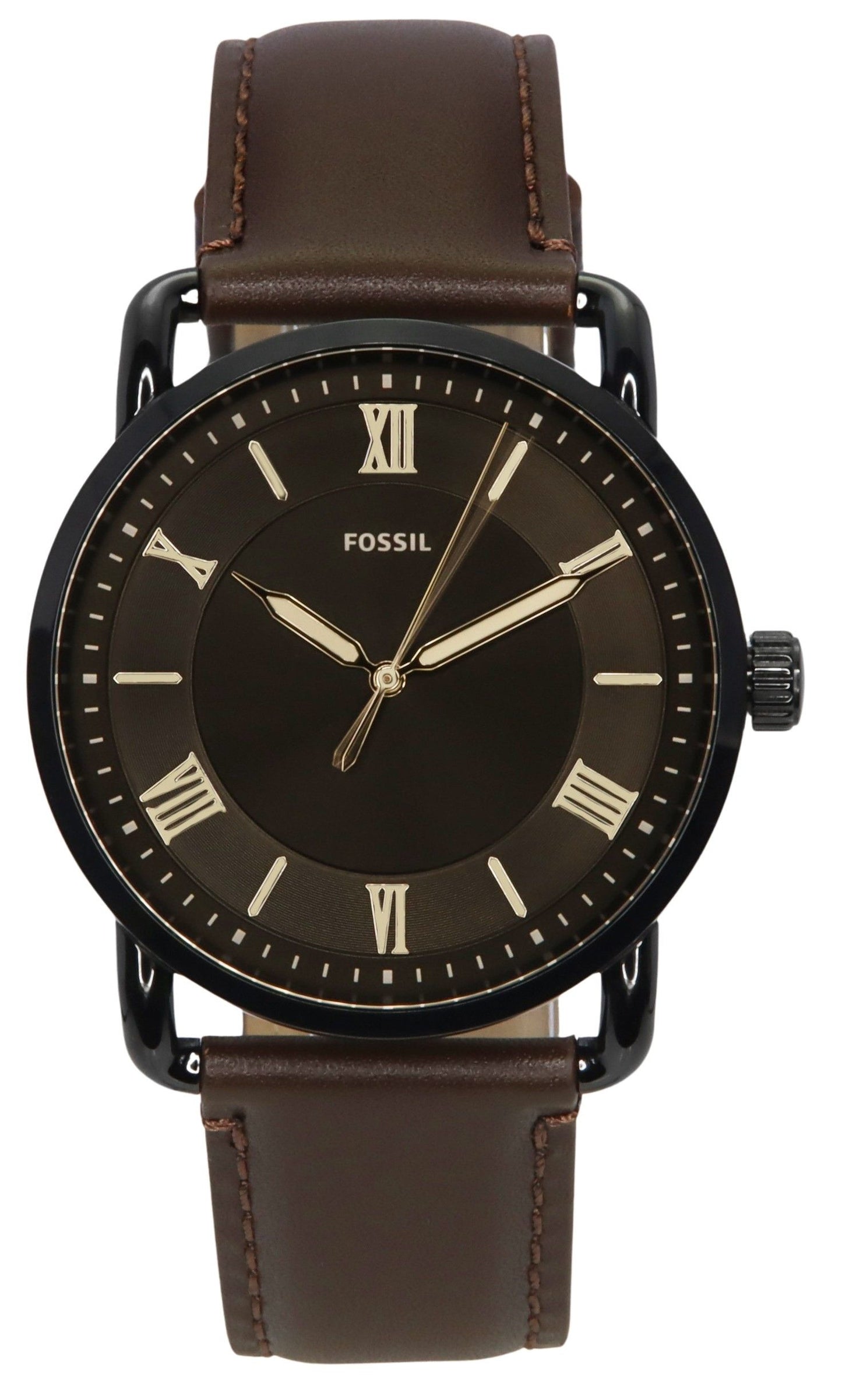 Fossil Copeland Brown Leather Strap Black Dial Quartz. A brand-new Fossil watch featuring a Black dial and a Leather strap. Front view.