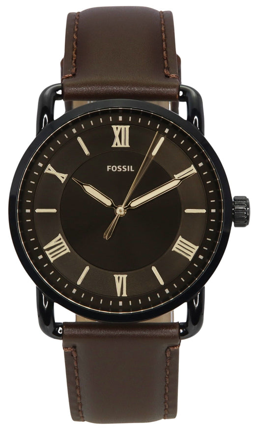 Fossil Copeland Brown Leather Strap Black Dial Quartz. A brand-new Fossil watch featuring a Black dial and a Leather strap. Front view.