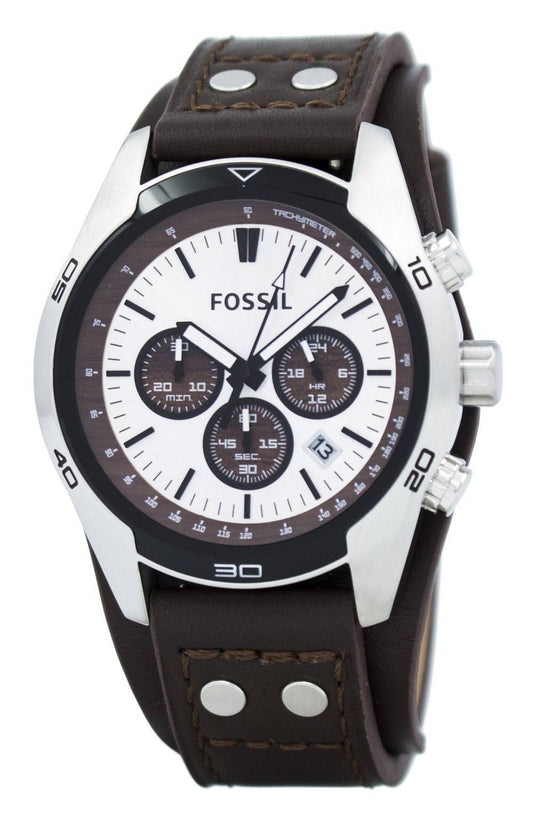 Fossil Cuff Chronograph Tan Leather Stainless Steel. A brand-new Fossil Cuff watch featuring a Leather strap. Side view.