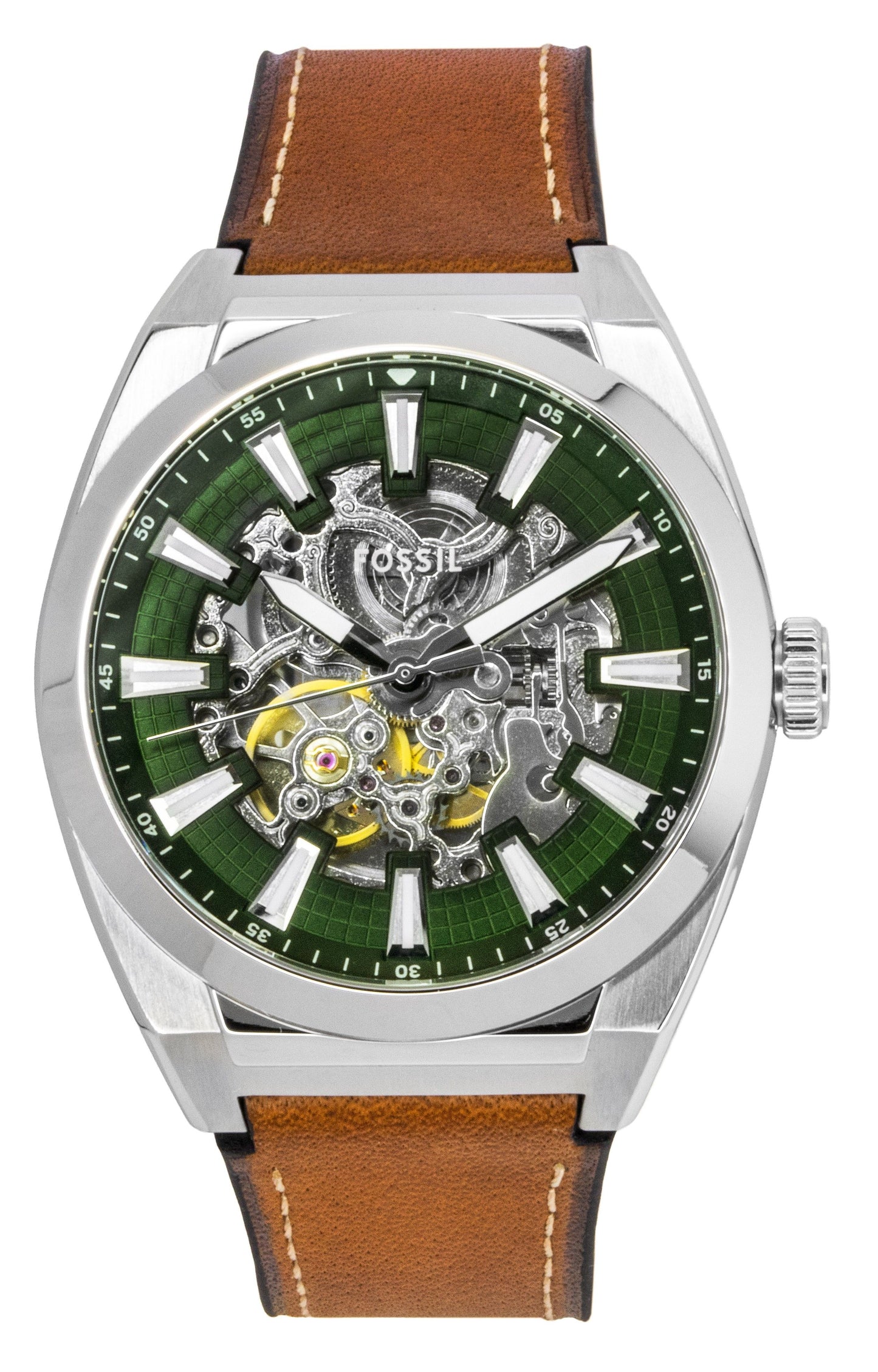 Fossil Everett Brown Leather Strap Green Skeleton Dial. A brand-new Fossil Everett watch featuring a Leather strap. Side view.