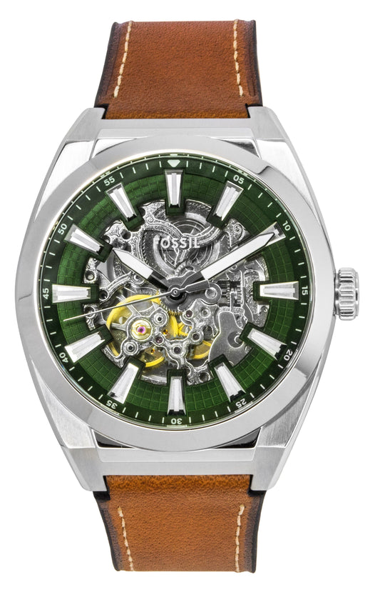 Fossil Everett Brown Leather Strap Green Skeleton Dial. A brand-new Fossil Everett watch featuring a Leather strap. Side view.