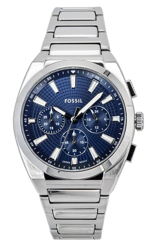 Fossil Everett Chronograph Stainless Steel Blue Dial Quartz. A brand-new Fossil Everett watch featuring a Blue dial and a Stainless steel strap. Side view.